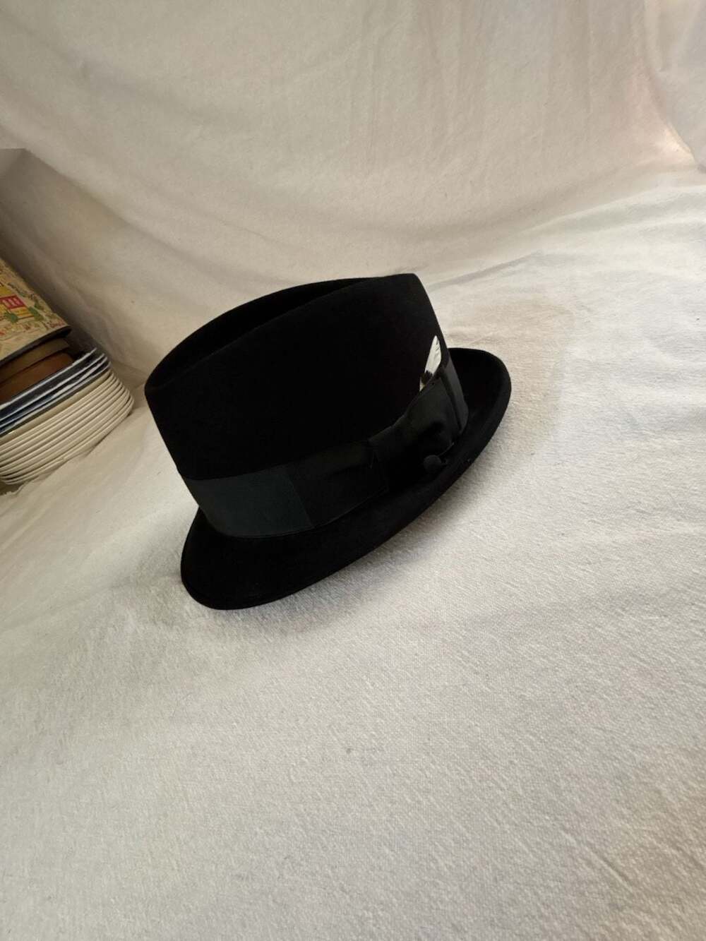 Vintage Black Felt Fedora Hat with Ribbon and Feather Detail